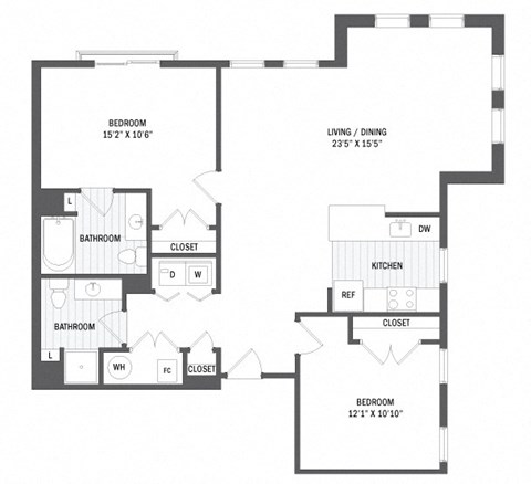Floor plan for 2 beds, 2 baths, 1092 sqft